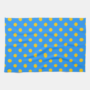 Yellow On Blue Polka Dots Pattern Design Tea Towel