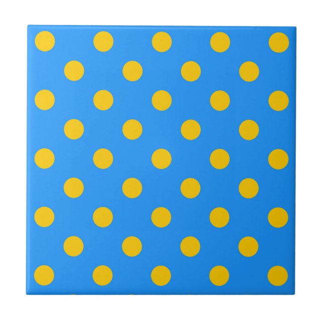 Yellow On Blue Polka Dots Pattern Design Tile (Front)