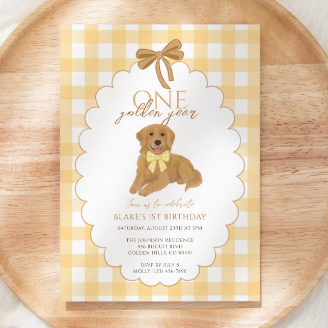 Yellow One Golden Year Puppy First Birthday Party Invitation (Creator Uploaded)