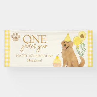 Yellow One Golden Year Retriever Puppy Birthday Banner