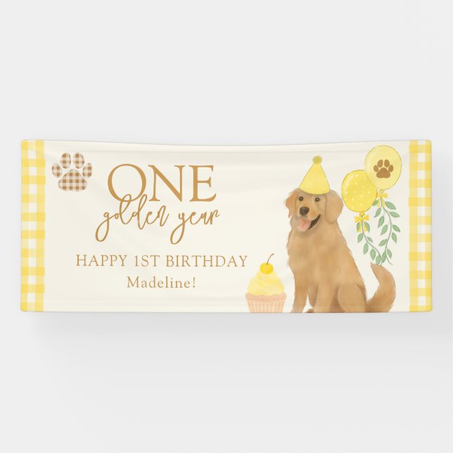Yellow One Golden Year Retriever Puppy Birthday Banner (Horizontal)