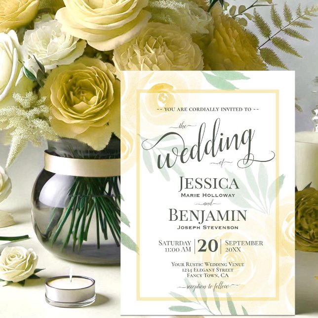 Yellow or Gold Boho Roses Stylish Script Wedding Invitation (Creator Uploaded)
