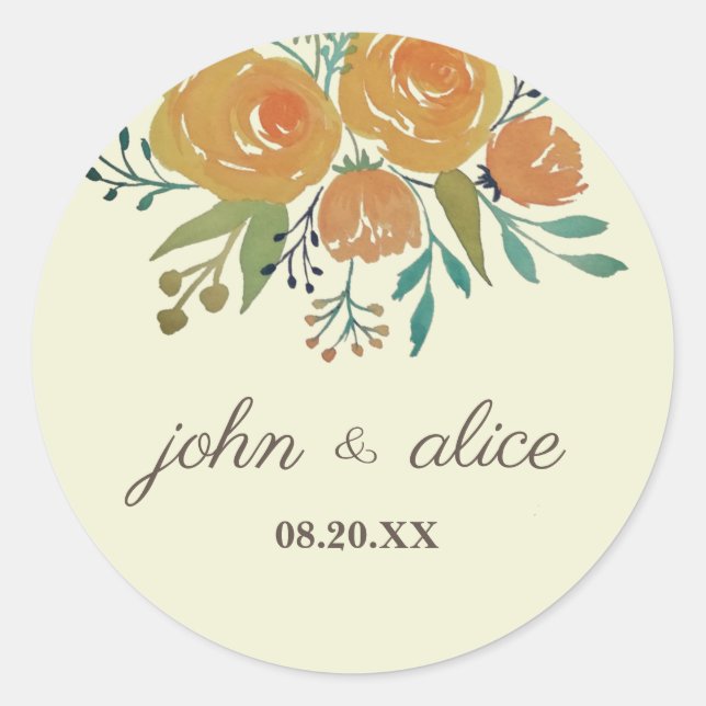 Yellow Orange and Cream Floral Wedding Classic Round Sticker (Front)