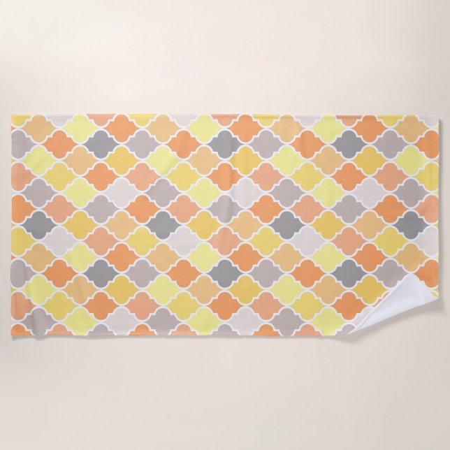 Yellow, orange and grey quatrefoil pattern beach towel (Front)