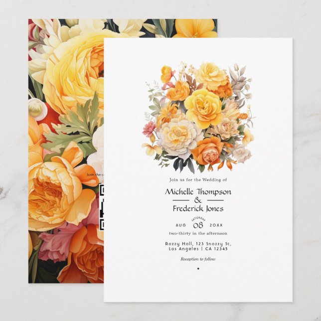 Yellow, Orange and Ivory Floral Wedding Invitation (Front/Back)
