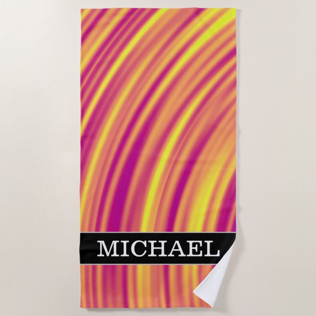 Yellow, Orange and Purple Curved Ripples Pattern Beach Towel (Front)