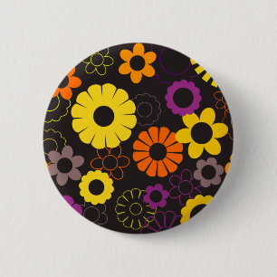 Yellow orange and purple retro flowers 6 cm round badge