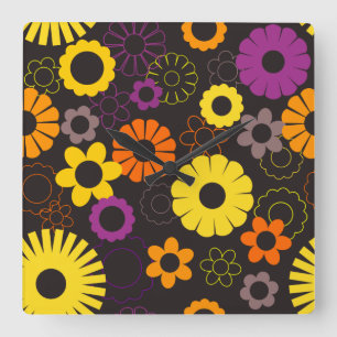 Yellow orange and purple retro flowers square wall clock