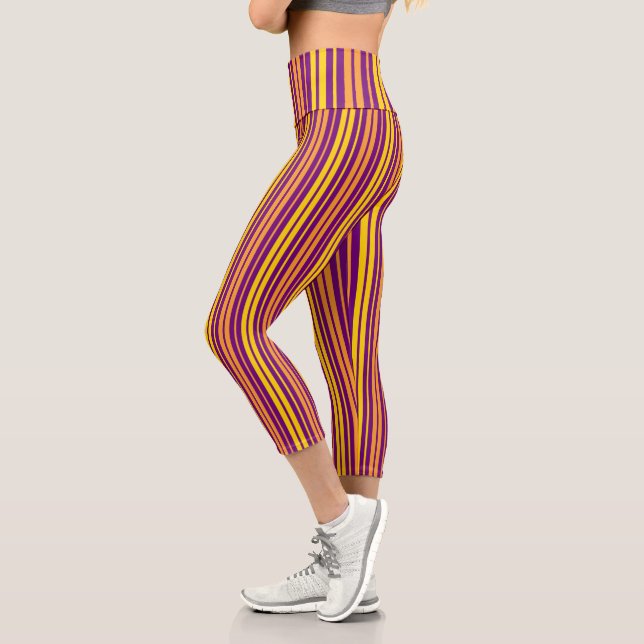 Yellow Orange and Purple Vertical Stripes Pattern  Capri Leggings (Left)