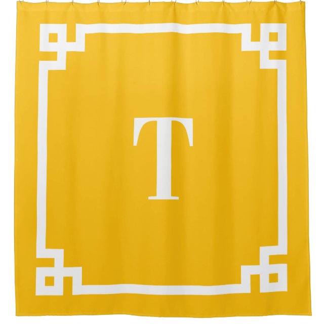 Yellow Orange and White Greek Key Simple Monogram Shower Curtain (Front)
