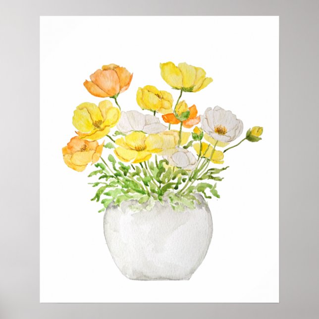 yellow orange and white poppies in pot  poster (Front)