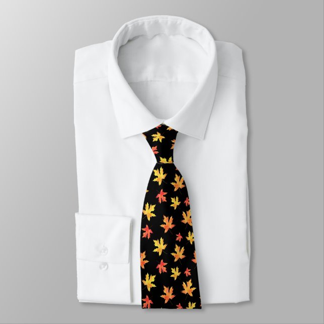 Yellow Orange Black Watercolor Maple Leaf Pattern  Tie (Tied)