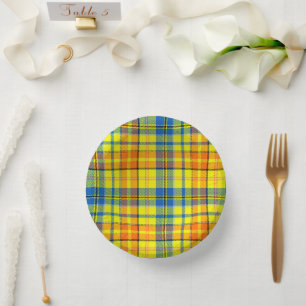 Yellow Orange Blue Plaid Tartan Design  Paper Plate