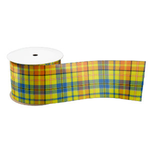 Yellow Orange Blue Plaid Tartan Design Satin Ribbon