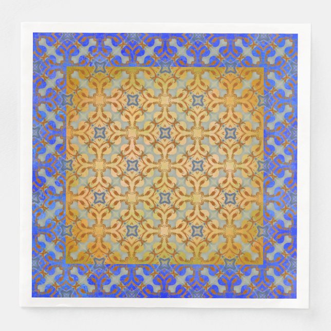 Yellow, Orange, Blue Scrolled Diamond Pattern Napkin (Front)