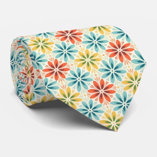 Yellow Orange Blue Summer Flowers Tie (Rolled)