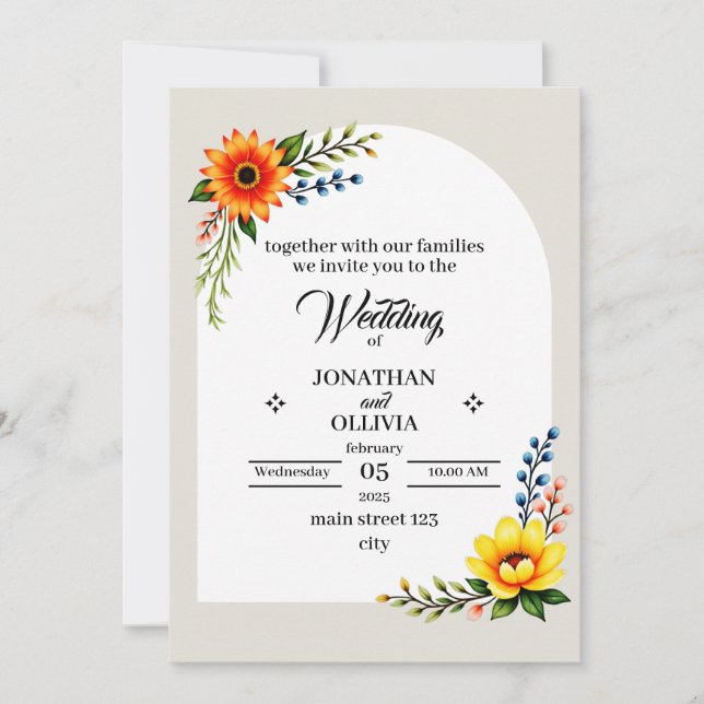 yellow orange Botanical Wreath Invitation (Front)