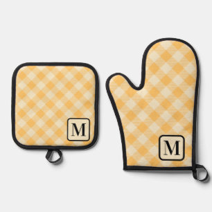  Yellow Orange Buffalo Plaid Gingham Monogrammed Oven Mitt & Pot Holder Set