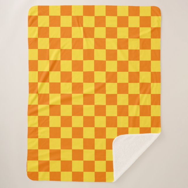 Yellow Orange Chequerboard Chequered Checked Check Sherpa Blanket (Front)