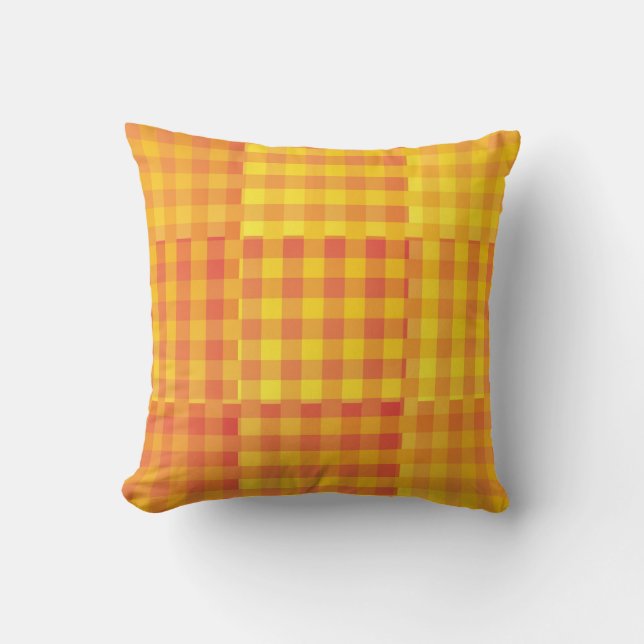 Yellow Orange Chequered Patchwork Pattern Cushion (Front)