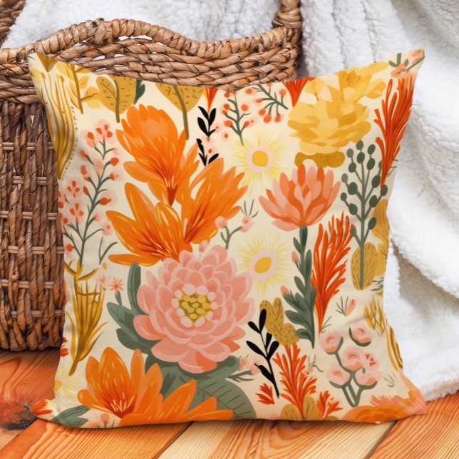 Yellow Orange Coral Green Floral  Cushion (Orange and blush floral on yellow pillow)