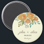 Yellow Orange, Cream and Brown Floral Wedding Magnet<br><div class="desc">This is a classic and elegant wedding magnet designed with yellow orange roses and peonies,  botanical and eucalyptus leaves in a cream yellow background. A thank you gift for your guests.</div>