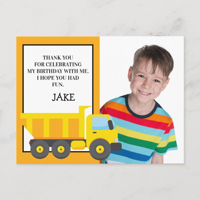 Yellow Orange Dump Truck Birthday Photo Thank You Postcard (Front)