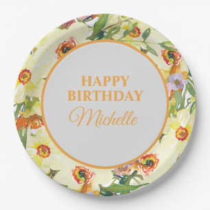 Yellow Orange Floral Birthday Party Paper Plate