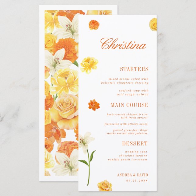 Yellow Orange Floral Custom Guest Name Garden Menu (Front/Back)