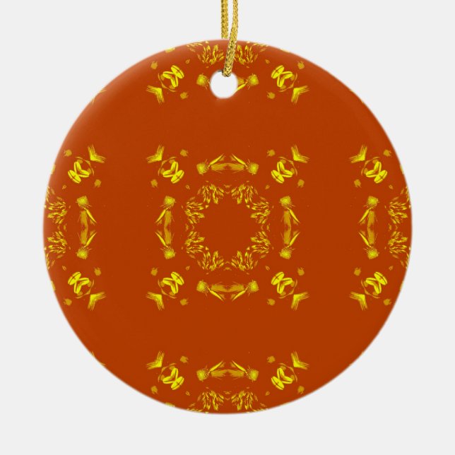 Yellow, Orange Floral Damasks Retro Pattern Ceramic Tree Decoration (Front)