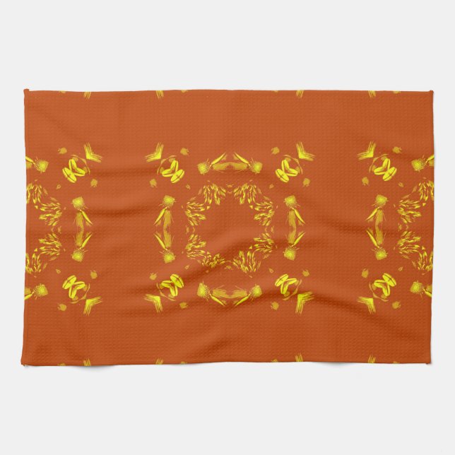 Yellow, Orange Floral Damasks Retro Pattern Tea Towel (Horizontal)