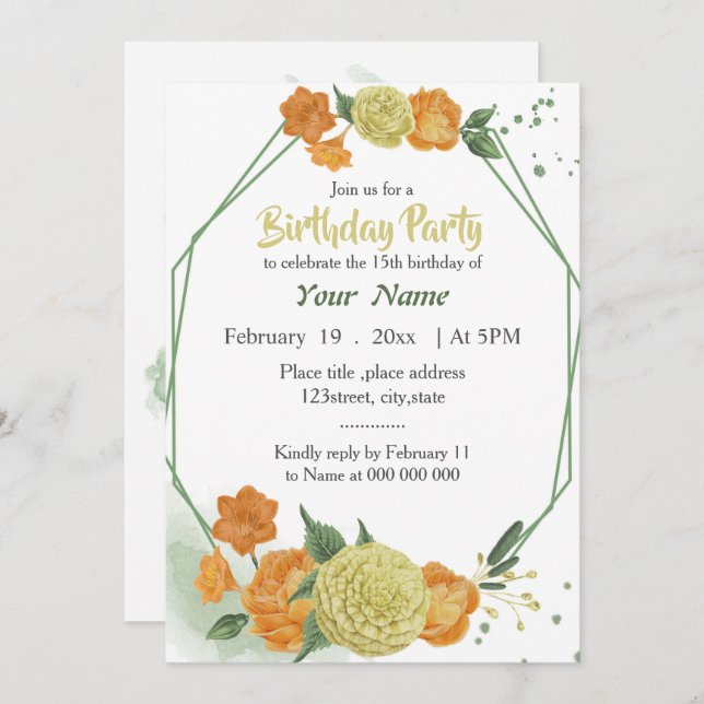 yellow orange floral green geometric birthday invitation (Front/Back)