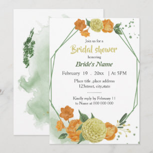 yellow orange floral green geometric bridal shower invitation