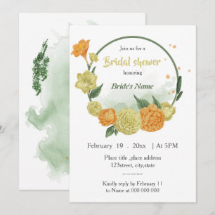 yellow orange floral green wreath bridal shower invitation