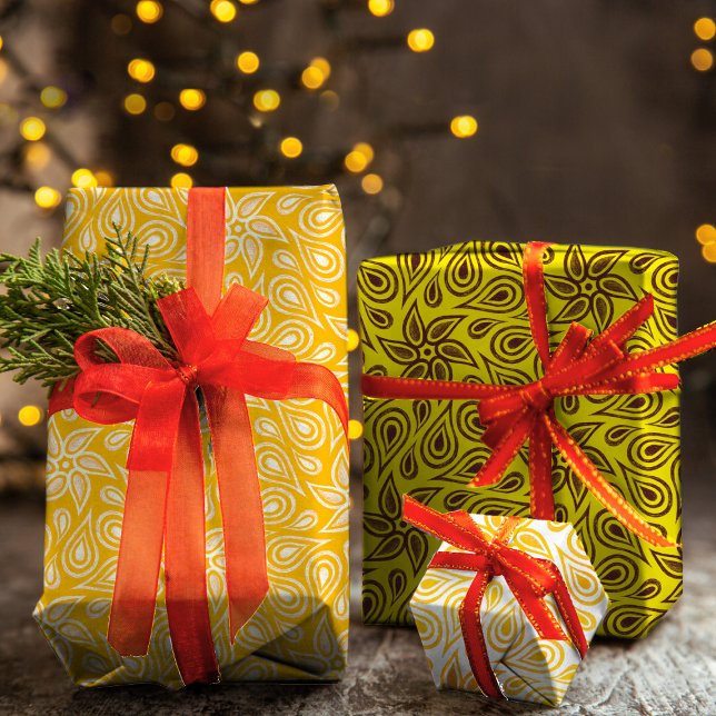 Yellow Orange Floral Paisley Design Modern Unique Wrapping Paper Sheet (Creator Uploaded)