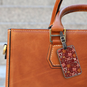 Yellow orange floral pattern dark red Luggage Tag