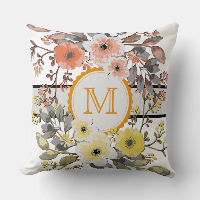 Yellow Orange Floral Vintage Monogram Cushion (Front)