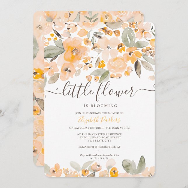 Yellow orange floral watercolor baby shower invitation (Front/Back)