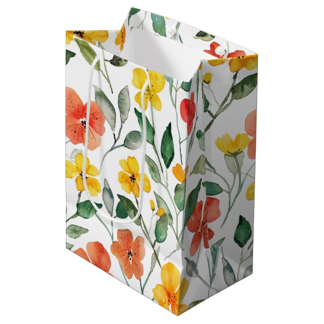 Yellow Orange Flowers Birthday Medium Gift Bag (Front Angled)
