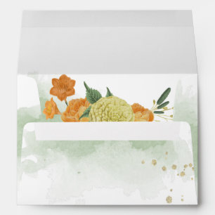 yellow orange flowers greenery wedding envelope