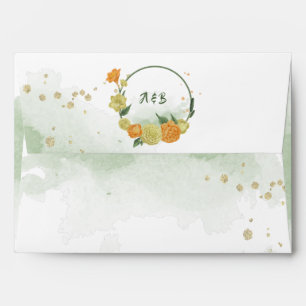 yellow orange flowers greenery wreath monogram envelope