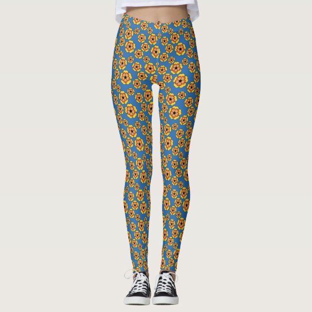 Yellow Orange Flowers Pattern Leggings (Front)
