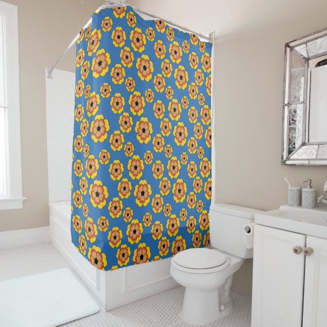 Yellow Orange Flowers Pattern Shower Curtain (In Situ)