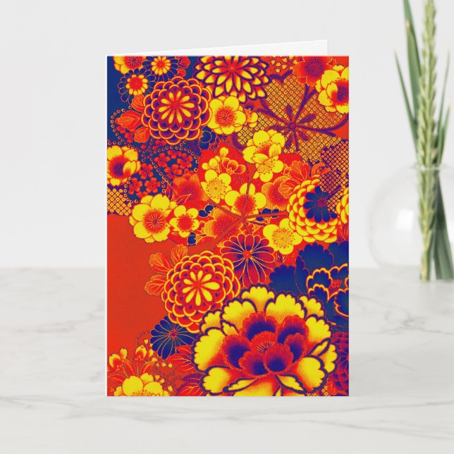 YELLOW ORANGE FLOWERS Peony,Roses Japanese Floral Holiday Card (Front)