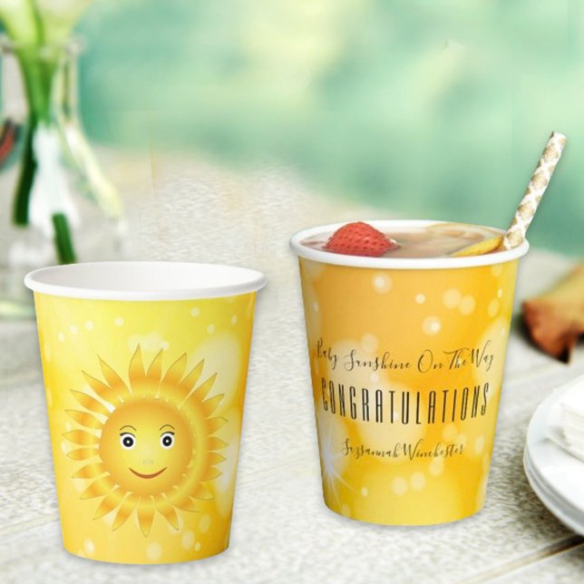 Yellow Orange Gender Neutral Template Baby Shower Paper Cups (Here's the front and back of this easy to personalize party paper cup.. )