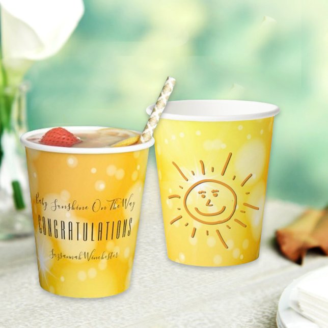 Yellow Orange Gender Neutral Template Baby Shower Paper Cups (Baby shower paper cup with opposing side designs of template text and a hand drawn sun. )