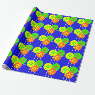 Yellow, orange, & green pickleballs on blue court wrapping paper