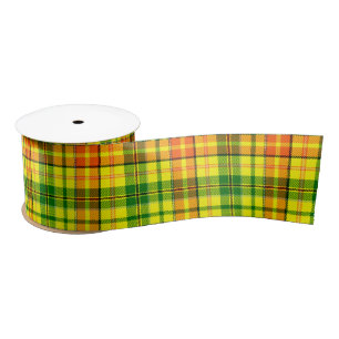 Yellow Orange Green Plaid Tartan Design Satin Ribbon