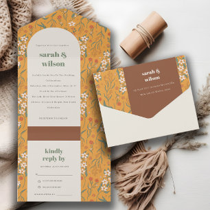 Yellow Orange Groovy Retro Arch Floral Wedding All In One Invitation