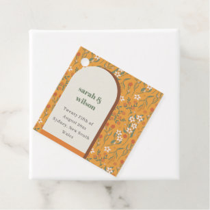 Yellow Orange Groovy Retro Arch Floral Wedding Favour Tags
